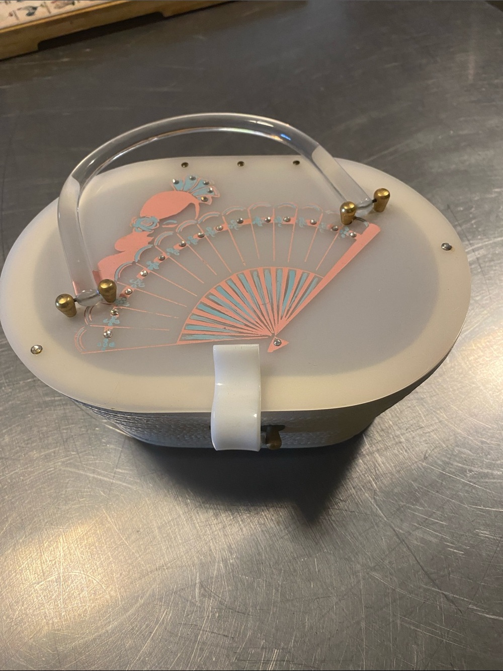 Rare Vintage 1950’s Cream Lucite Handbag with Pink Fan Motif